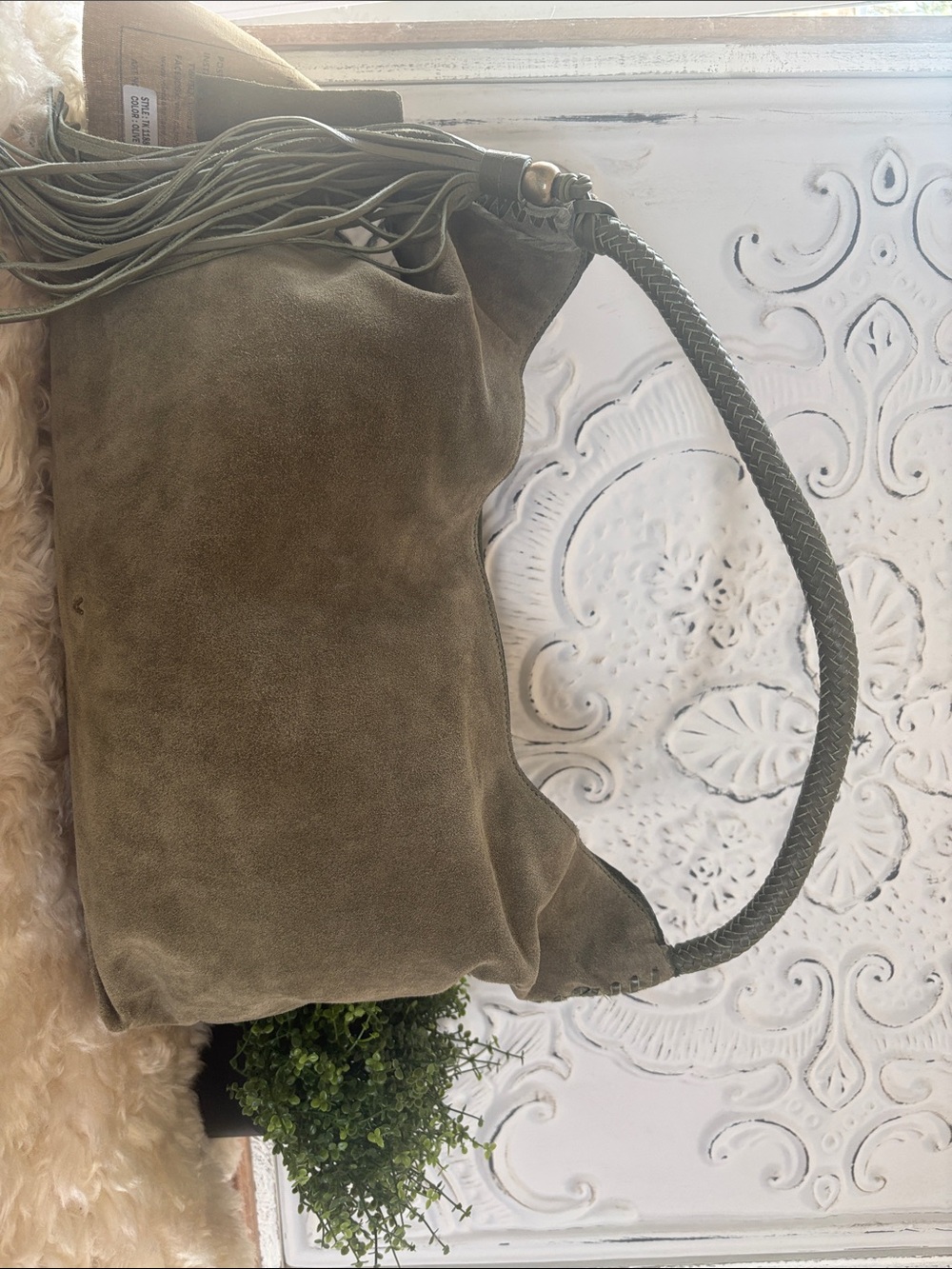 Olive Suede Hobo Bag with Braided Handle and Fringe